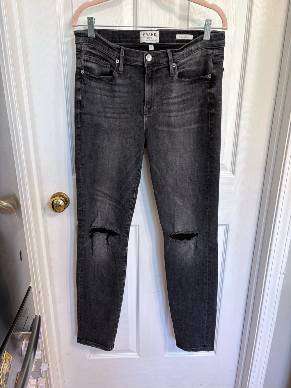 Frame Denim Black Jeans with Knee Distressing